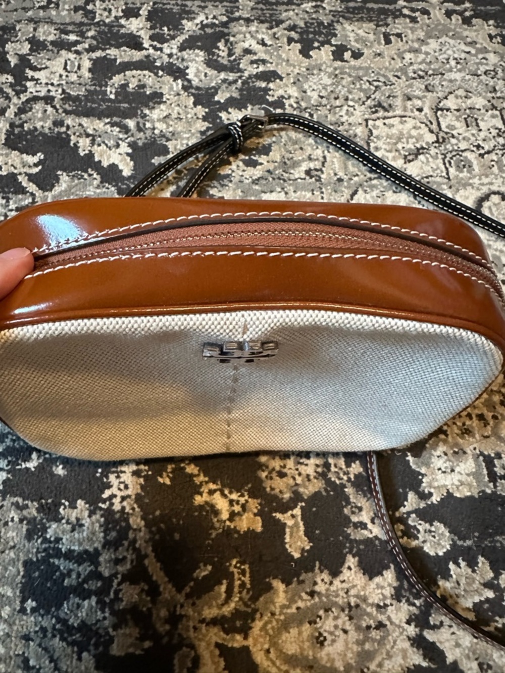 Tory Burch Cream Canvas Crossbody w/ Brown and Black Leather Trim - Picture 2 of 8